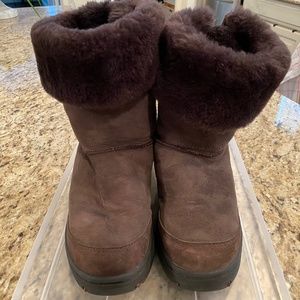 Ugg’s Size 10 Chocolate Suede Booties with leather back ties.